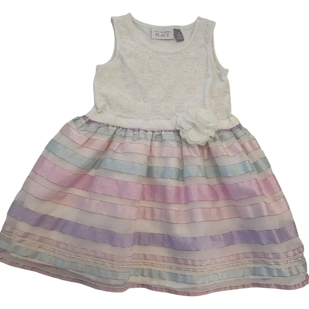 The Childrens Place Girls White Lace Pastel Striped Party Dress 4T Gold Metallic